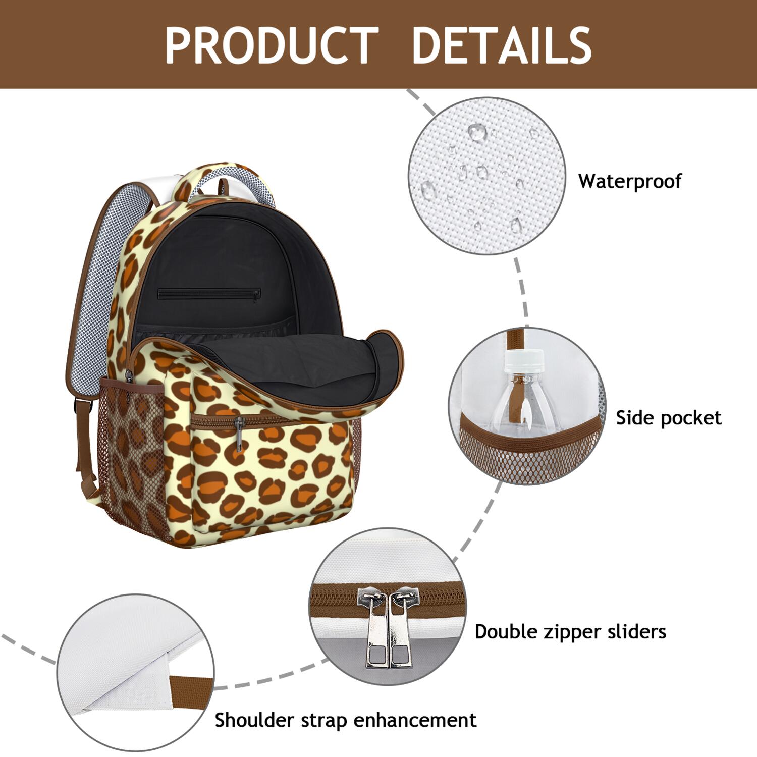 Leopard Print Backpack for School,Cute School Bag,Schoolbag with Adjustable Shoulder Straps & Padded Back,15.3"x11"x6.7"