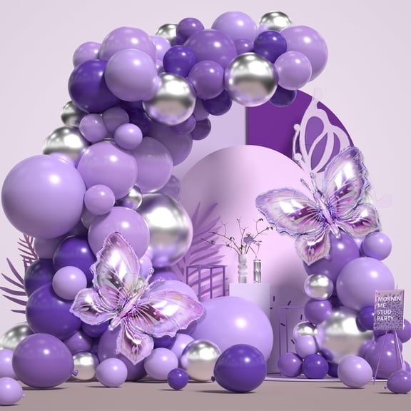 170pcs Butterfly Balloon Arch Kit Purple KKS1 Silver Balloons Arch with Lavender Lilac Foil Butterfly Giant Balloons Decorations for Birthday Wedding Party