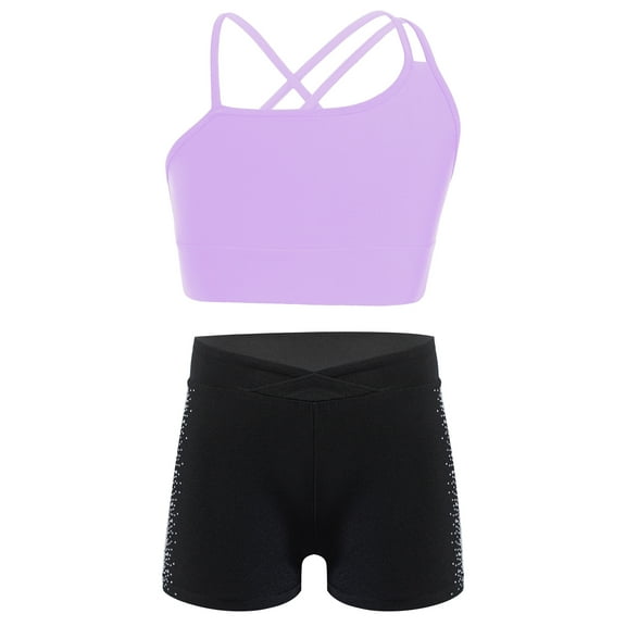 Nyeemya Kids Girls Dance Outfit Gymnastics Crop Tank Camisole Sport Bra and Sparkly Shorts Set Casual Purple&Black 14