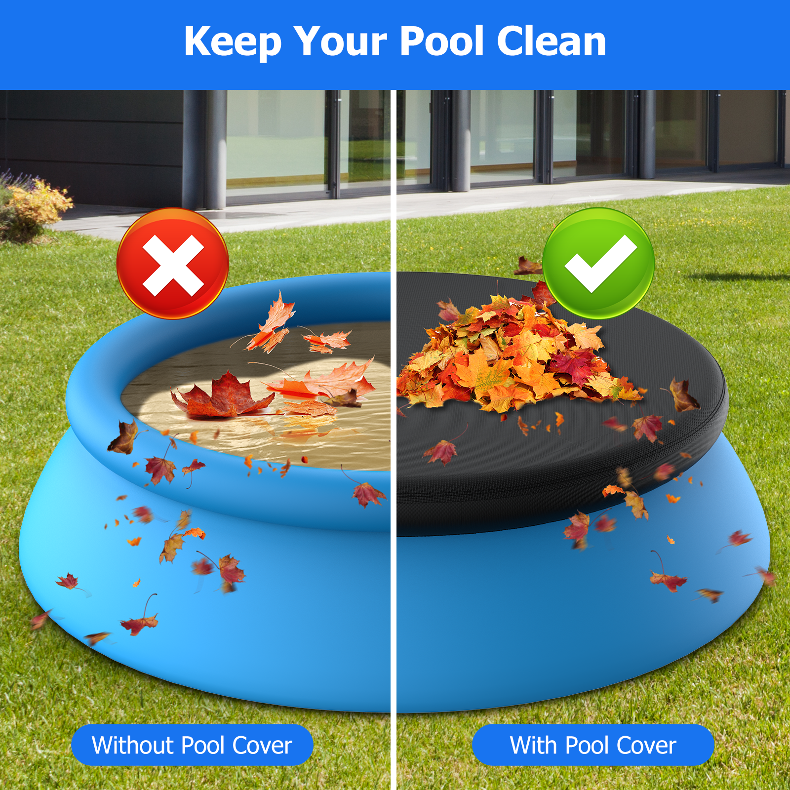 10 ft Round Pool Cover, Compatible with Outdoor Round Inflatable Above Ground Swimming Pool, Elastic Bands for Easy Installation, No Drain Holes, Prevent Leaves, Debris and Dust