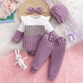 thumbnail image 2 of Ulanda Newborn Baby Girl Clothes Infant Fall Winter Outfits for Girls Clothing Set, Color Block Ribbed Outfit, Ruffle Long Sleeve Bodysuit, Matching Hat and Bow Headband (Light Purple, 0-3 Months), 2 of 4