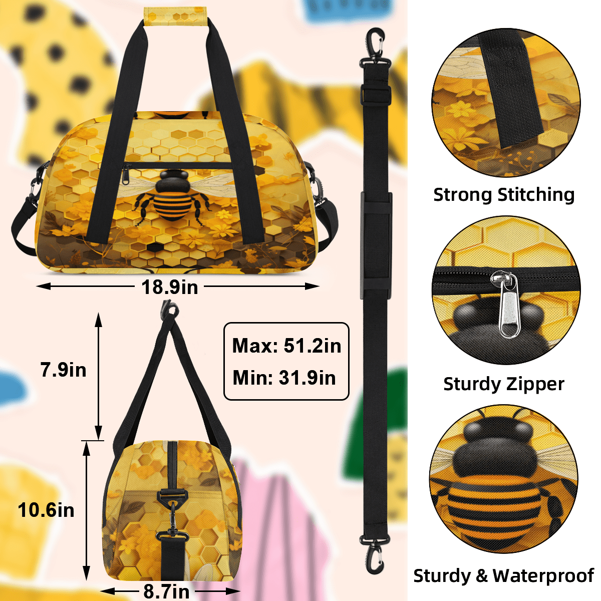 Herdesigns Honeycomb Sports Duffle Bag for Women & Men, Bee Gym Bag Dance Bag Overnight Bag Carry On Weekender Travel Bag