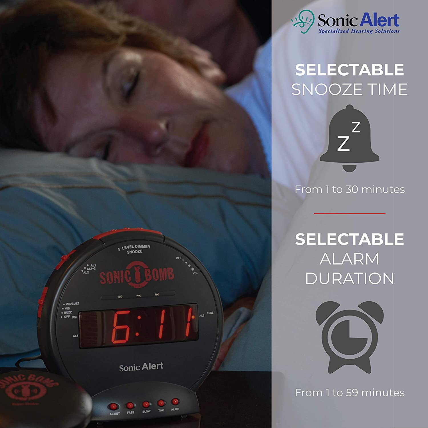 Sonic Alert - Sonic Bomb Dual Alarm Clock with Bed Shaker Vibrator and Digital Display - Black & Red - image 7 of 10