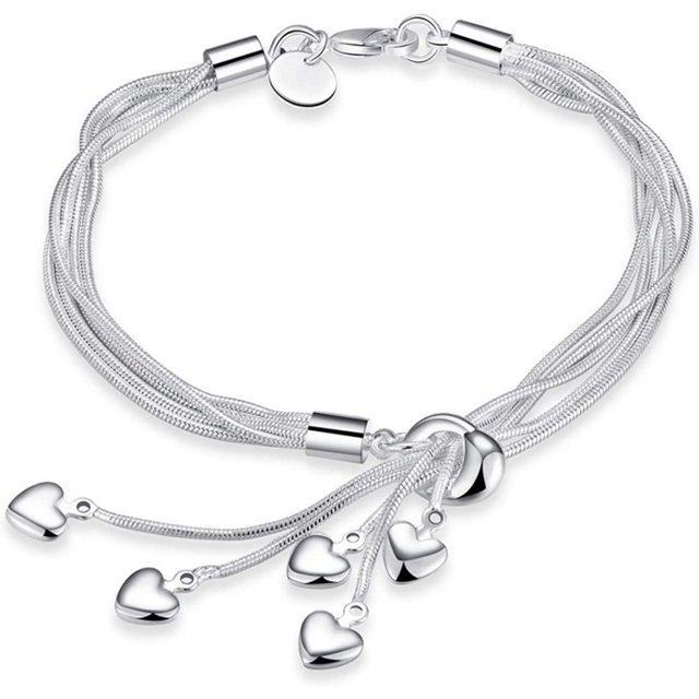 Cadena de cinco líneas de plata de ley 925 con brazalete de cinco corazones