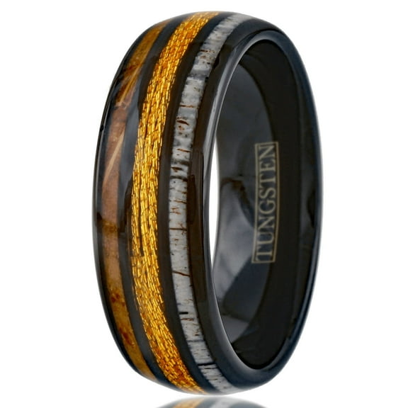 Men's Wedding Band Rings - Gold Fishing Line Whiskey Barrel Deer Antler - Wedding Rings for Men and Women