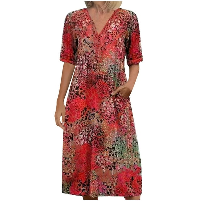 Abcnature Robe Midi Décontractée d'Été pour Femmes à Col en V et Manches Courtes avec Imprimé Floral, Robe à Manches Courtes à la Mode pour Femmes, Robe Mi-Mollet Confortable avec Tissu Respirant