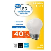 Great Value 18 Year LED Light Bulbs, A19 40 Watts Equivalent, 5.5 Watts Efficient, Dimmable, Soft White, Frosted Glass, 4 Pack