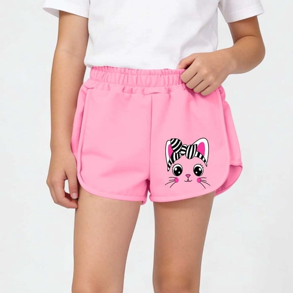 DAETIROS Girls Cotton Elastic Waist Shorts with Cute Cat Print, Pink Summer Bottoms for Kids & Little Girls,Size 3-4 T