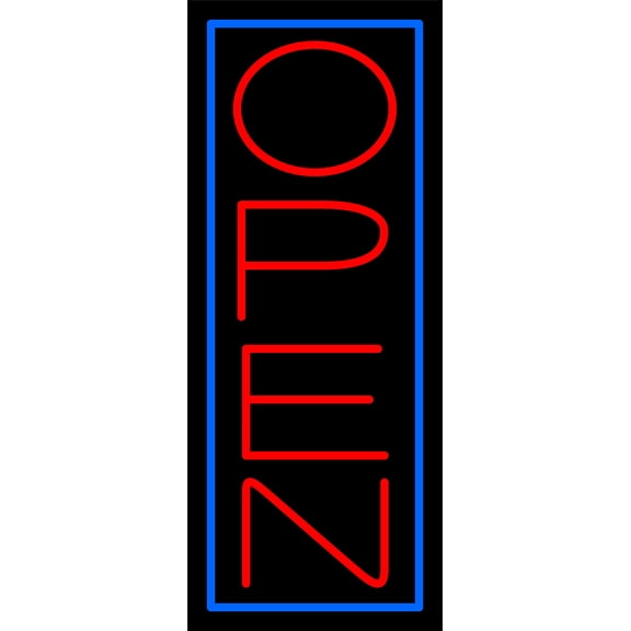 Red Open With Blue Border Vertical LED Neon Sign 24 x 10 - inches, Black Square Cut Acrylic Backing, with Dimmer - Bright and Premium built indoor LED Neon Sign for storefront.