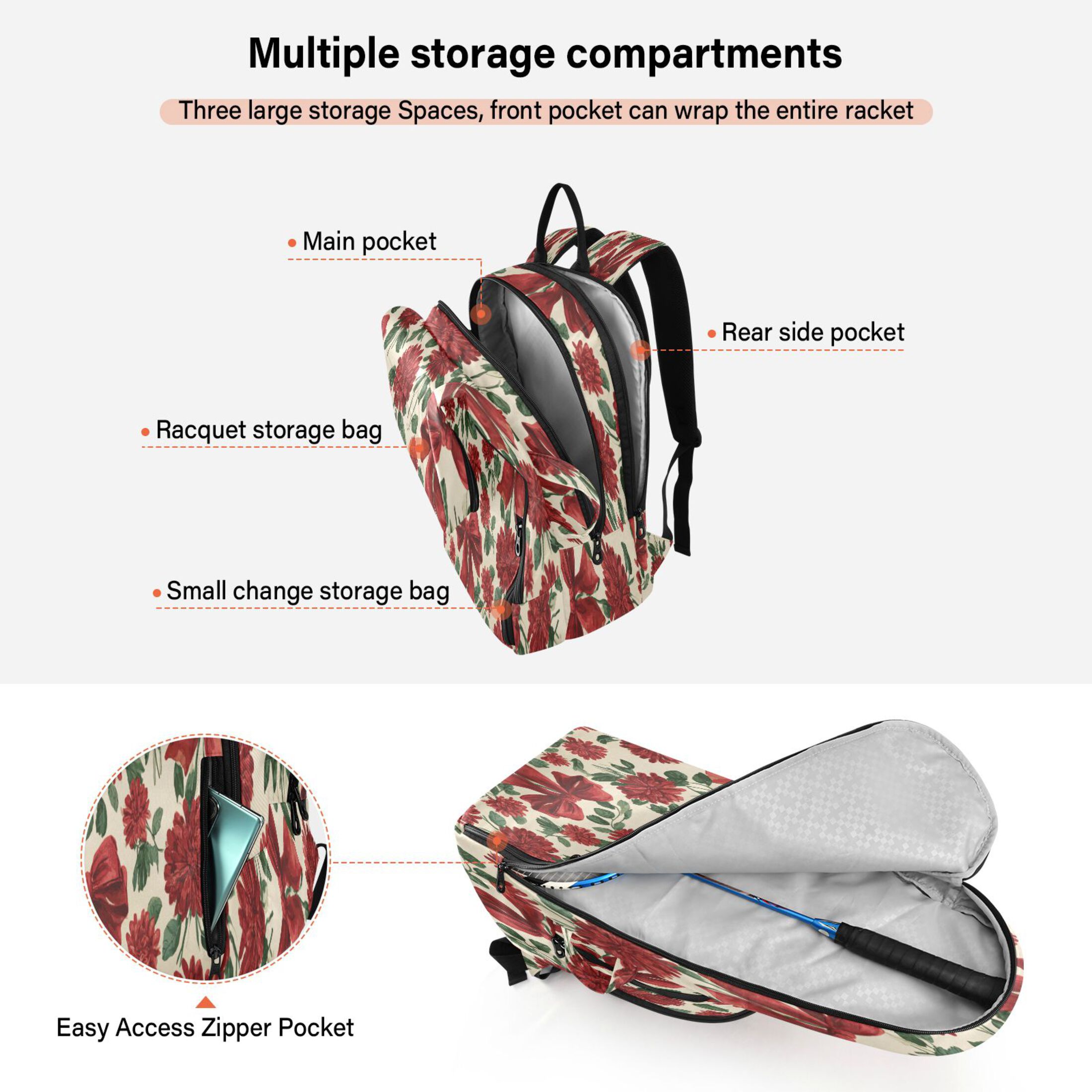 2 Racquet Holder Tennis Backpack Tennis Racket Covers Gym Bags Red Christmas Bows and Floral