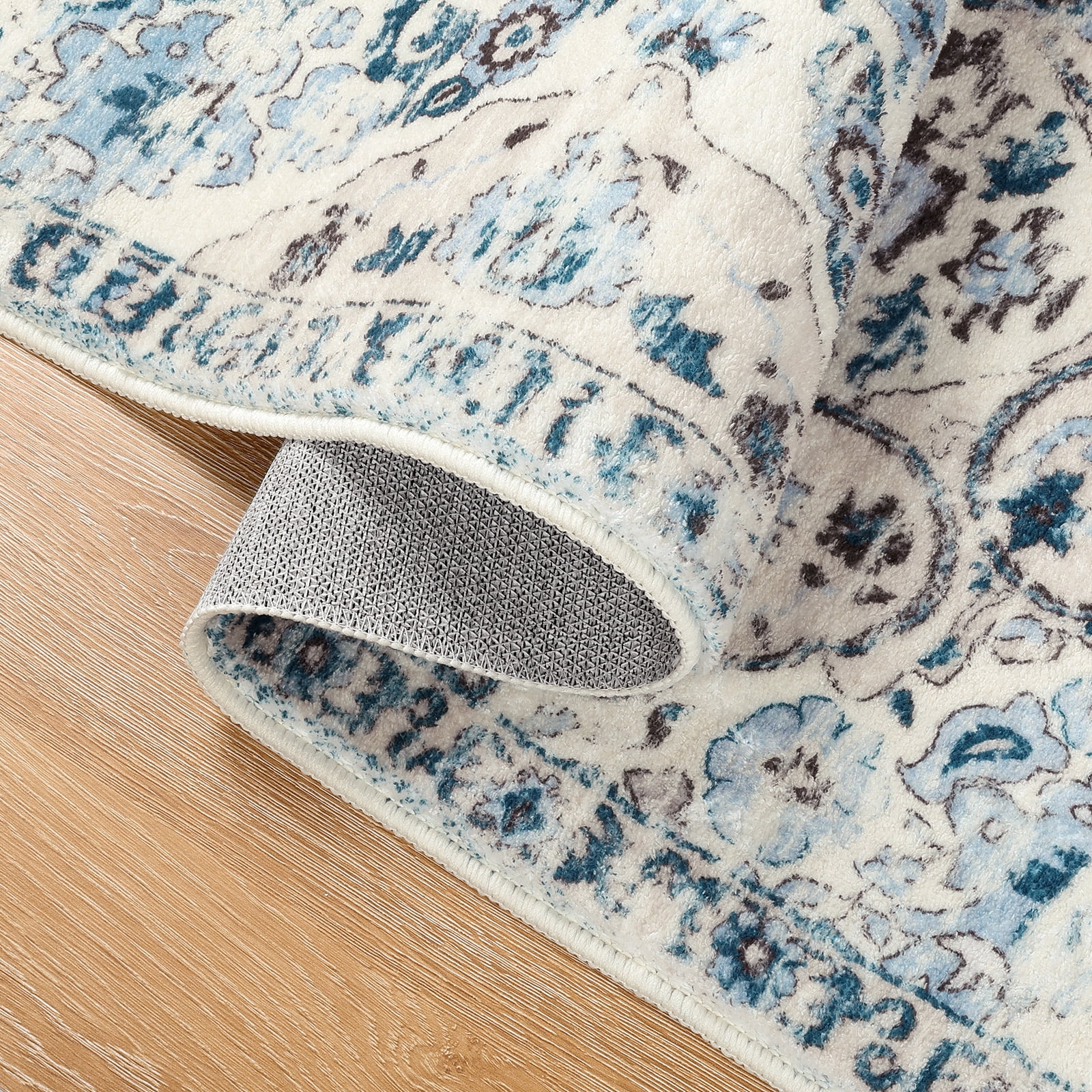 MeyJey 2'x6' Boho Runner Rug for Hallway, Non Slip Machine Washable Rug Distressed Vintage Floor Carpet for Bedroom Kitchen Laundry Room, Blue/Beige
