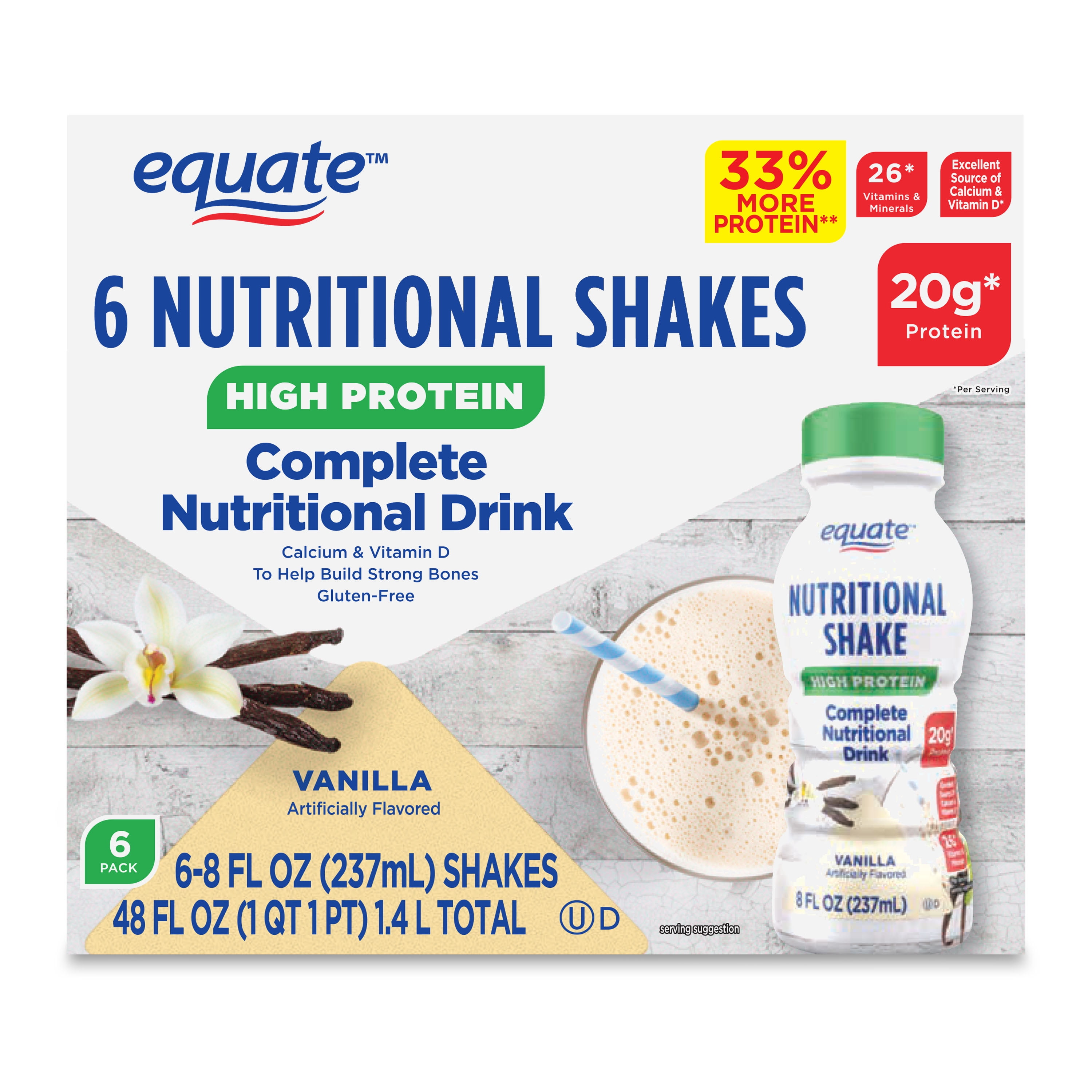 Equate High Protein Nutritional Shakes, Vanilla, 8 oz, 6 count