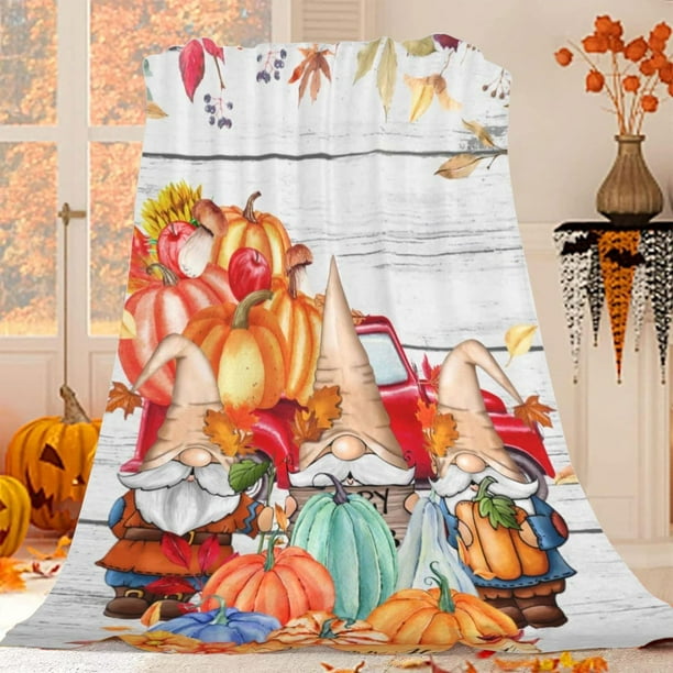 Manta con Diseño de Calabaza y Hoja de Arce | Manta para Muñeco Enano | Cálida, Suave y Ligera de Franela | Decoración para Cama o Sofá En Acción de Gracias y Halloween | Multicolor | 100 X 70 Cm | P