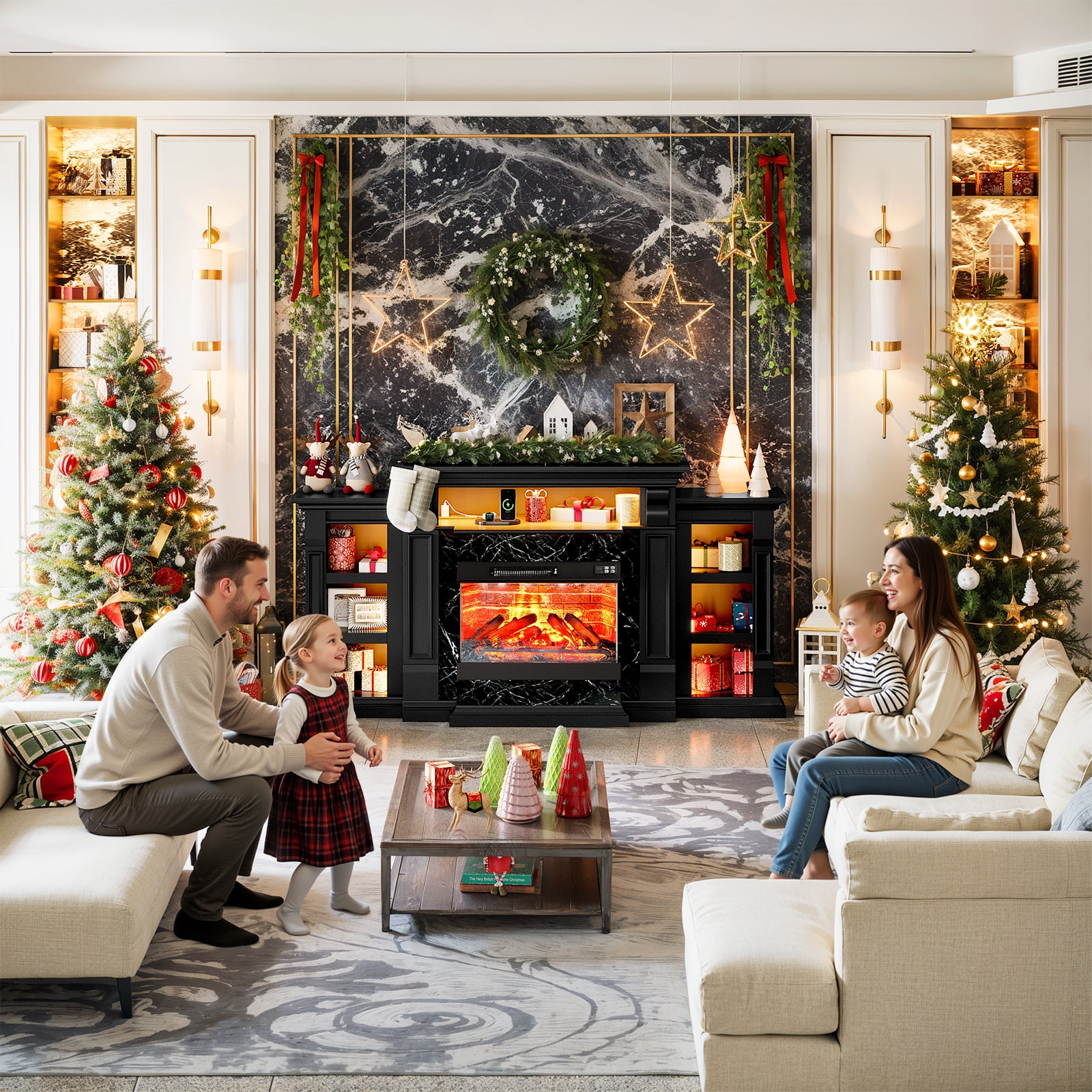 LGHM 72" Fireplace TV Stand with 3-Sided Glass Electric Fireplace & Charging Station & LED Lights for TVs up to 80", Black