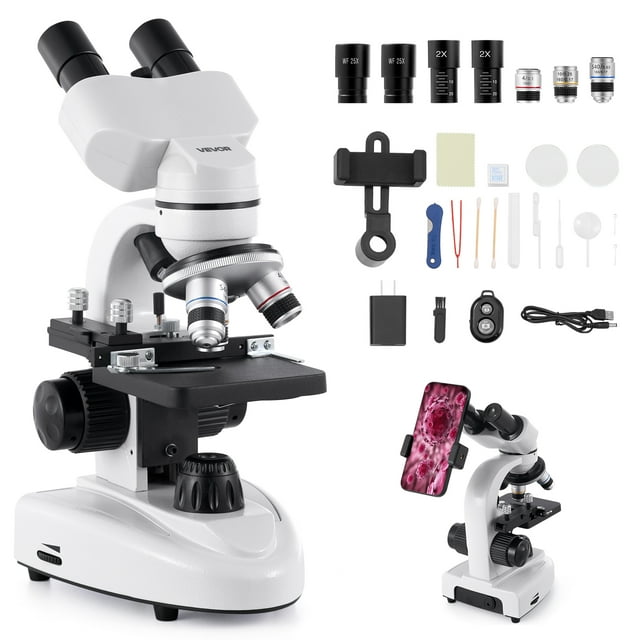VEVOR Professional Binocular Compound Microscope Kit with 40-2000X magnification, designed for microscopic imaging and scientific research. Features dual precision focusing knobs, adjustable LED illumination, and a 360° rotatable viewing head. Includes eyepieces, objectives, slides, petri dish, phone holder, and cleaning tools for STEM education and detailed observations.