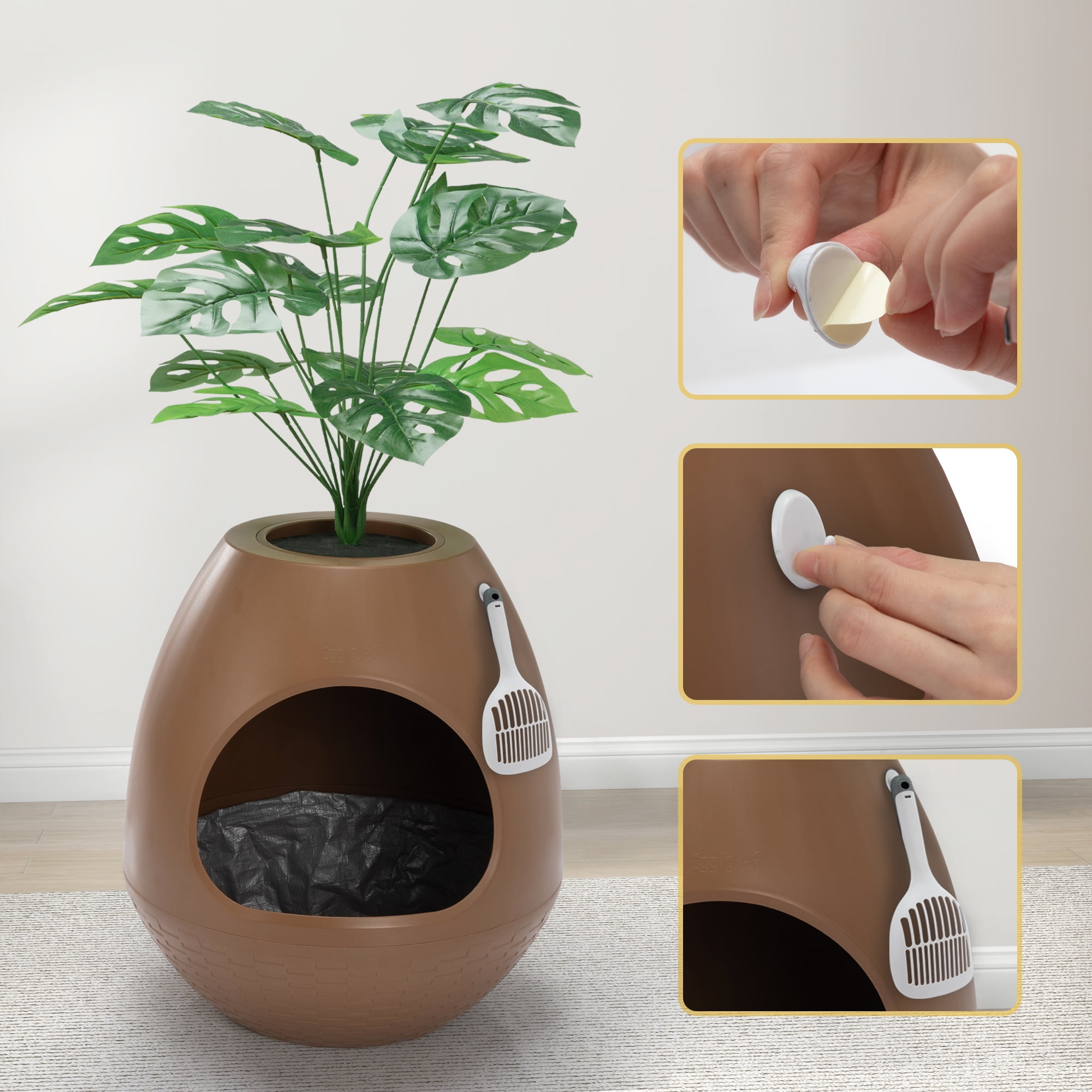 Eggloa6 Cat Plant Litter Box Set With Artificial Plants, Attached Scoop, Replaceable Litter Box Liners, Hidden Cat Litter Box Furniture, Brown