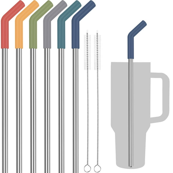 Tomorotec 6PCS Stainless Steel Straws with Silicone Tips Fit for Stanley 40oz Tumbler, 13-Inch Reusable Straw Set with Colorful Extenders & 2 Brushes, Compatible with Wide Mouth Cups (Dark Morandi)