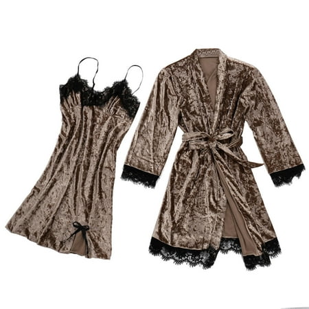 

wofedyo Pajamas Lace Velvet Solid Color Lace Two-Piece Pajamas Nightdress Underwear Sleepwear Pajamas For Women Gold 2Xl