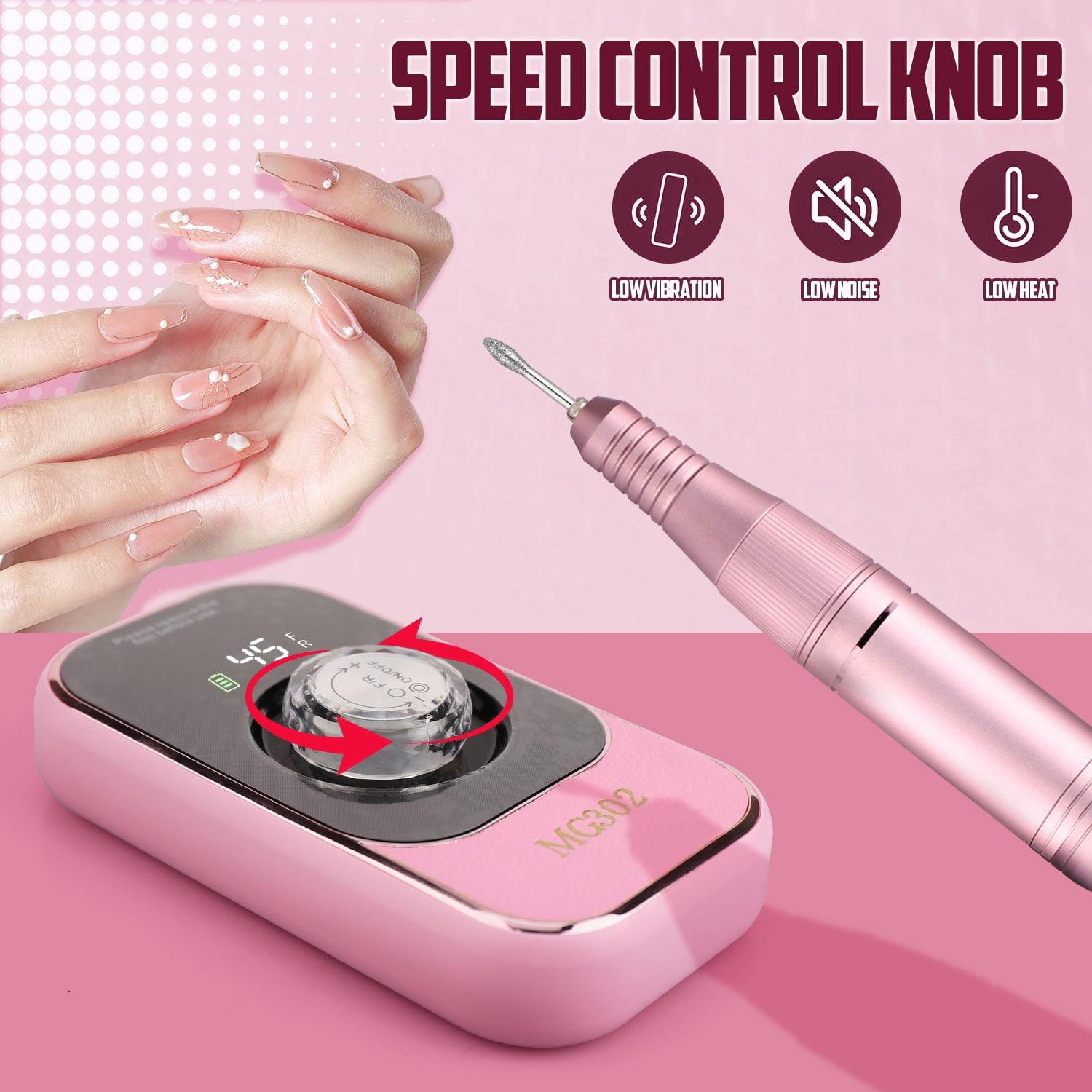 ASKITO 45000RPM Portable Nail Drill Electric File, Cordless Nail Drill with Bits & Base, Professional Rechargeable Nail E File Machine for Shaping, Removing & Polishing Gel Nails, Pink