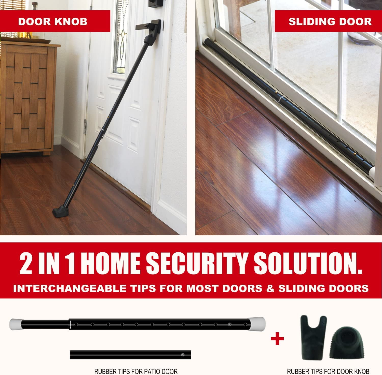 SecurityMan 2-in-1 Adjustable Door & Patio Bar, Heavy-Duty Iron Jammer for Hinged and Sliding Doors, Black