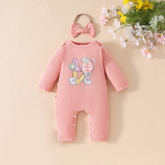 XIMIN Baby Girl Easter Outfit, Long Sleeve Knit Ribbed Jumpsuit with Bunny Design, Newborn Romper Bodysuit and Headband Set