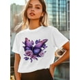 thumbnail image 5 of Women's T-Shirt Vintage Dreamy Purple Butterfly Wings Rose Short Sleeve Casual Tee Classic Crew Neck T Shirt for Women White, M, 5 of 7