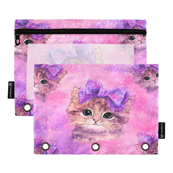 2 Pack 3 Ring Binder Pouch with Clear PVC Window Water Resistant Zipper Pencil Pouch Adorable Orange Cat Pattern Binder Pocket for Classroom Office Home Stationery Organization