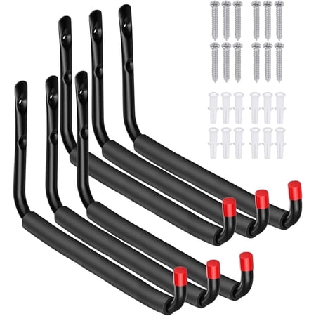 6 Pack Garage Hooks Heavy Duty Utility Steel Hooks with EVA Padding 15inch Wall Mount J Organizer Hanger for Bikes Kayak Garden Tool Hose Shelf