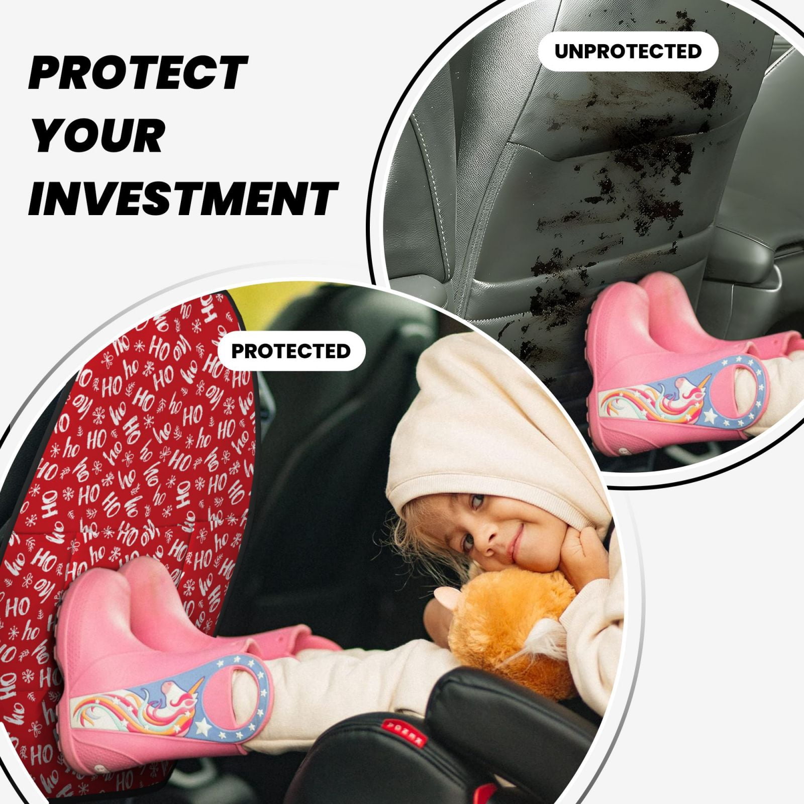Xecao Hohoho Pattern Car Seat Back Protector 2 Pack Large Capacity Pocket, Kick Mats Back Seat Protector