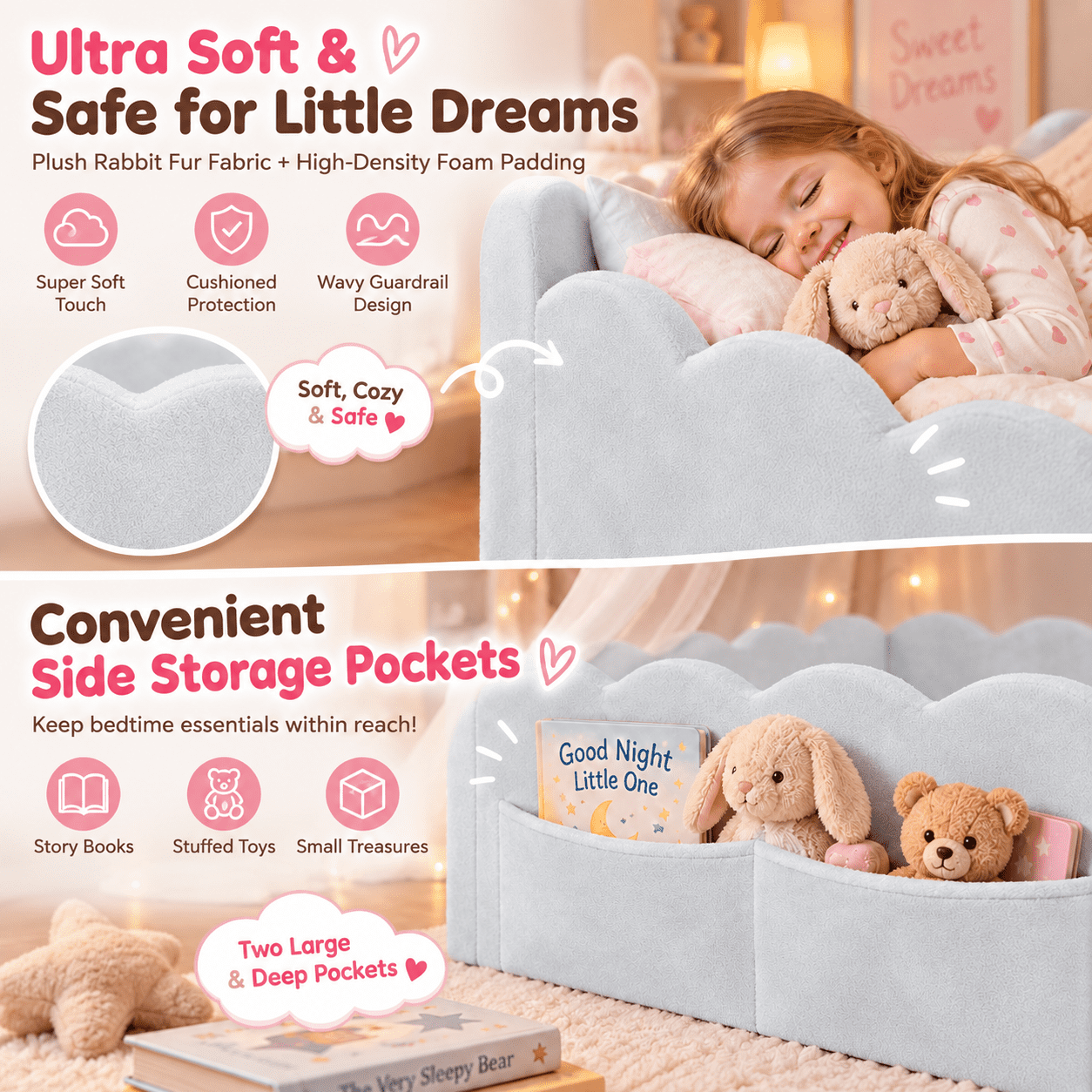 Howcool Montessori Upholstered Floor Bed with Soft Wave Guardrails,Twin Size Rabbit Plush Toddler Bed with Storage Pockets,Light Gray