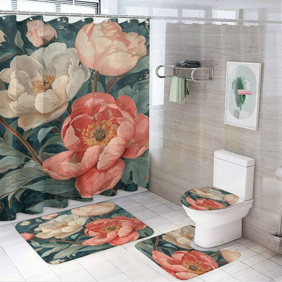 Boho Vintage Floral 4 Piece Shower Curtain Sets, Non-Slip Rugs, Toilet Lid Cover And Bath Mat, for Bathroom Decor Set, 72" X 72"