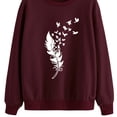 thumbnail image 2 of Sudadera de mujer con cuello redondo y manga larga con estampado de plumas, jersey informal holgado para mujer, Top con patrón blanco rojo vino S, 2 of 6