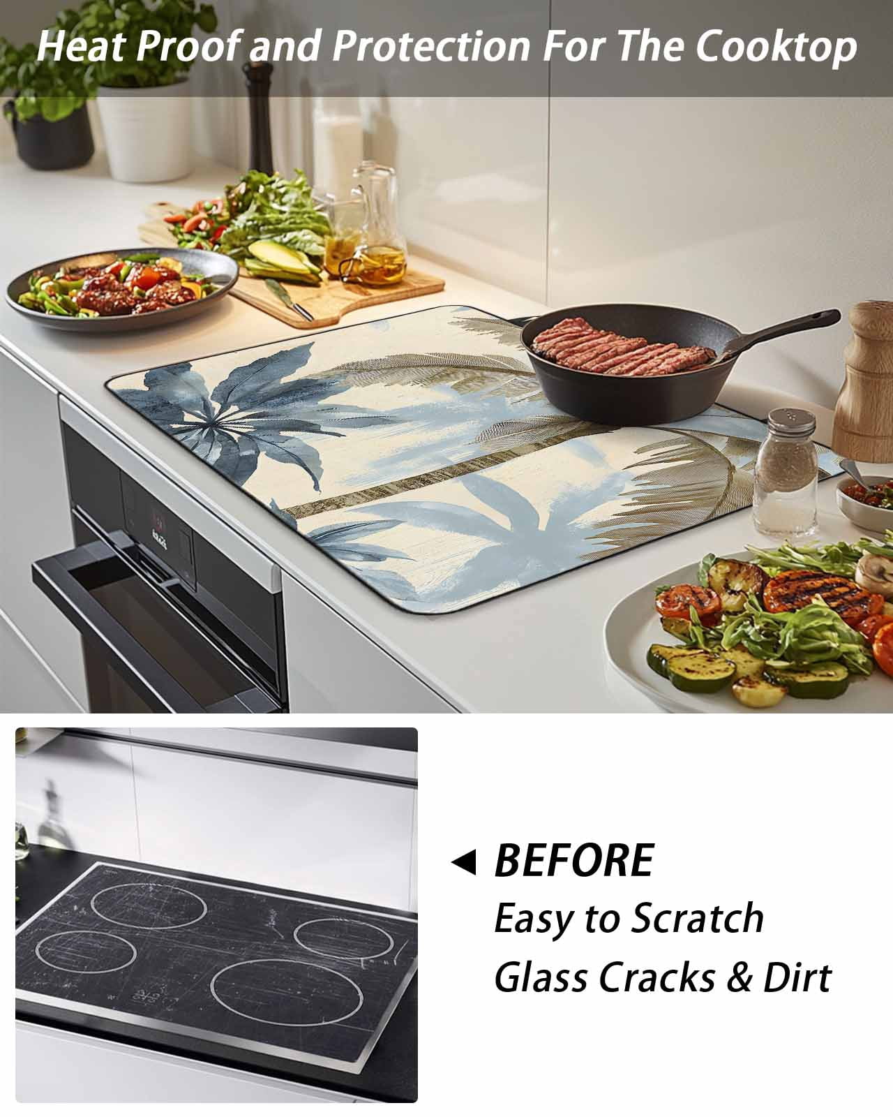 Stove Top Covers for Electric Stove, Palm Tree Beach Glass Stovetop Cover Protector, Watercolor Botanical Seaside Induction Cooktop Protector Oven Mat for Kitchen Countertop 24"x21"