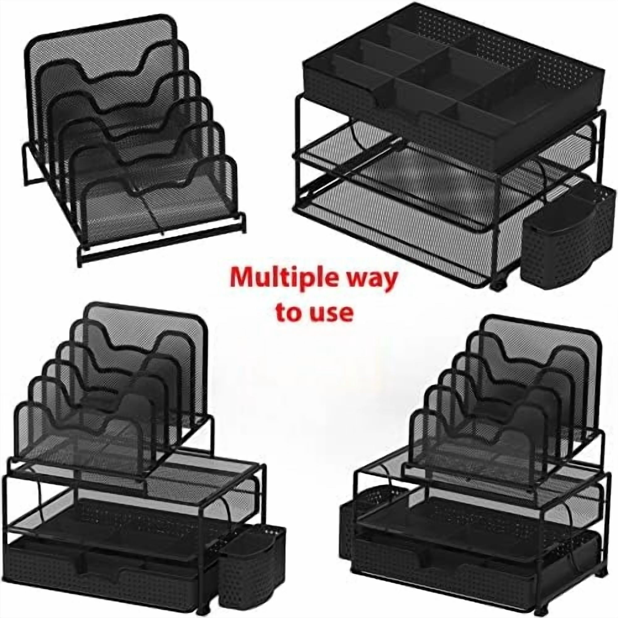Mesh Desk Organizer with Sliding Drawer, Double Tray and 5 Stacking Sorter Sections, Black