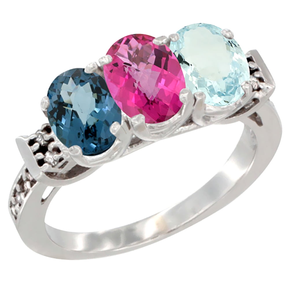 10K White Gold Natural London Blue Topaz, Pink Topaz & Aquamarine Ring 3-Stone Oval 7x5 mm Diamond Accent, sizes 5 10 by WorldJewels
