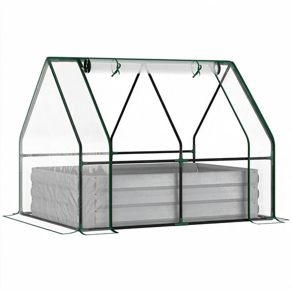 Outsunny 4' x 3' Galvanized Raised Garden Bed with PVC Greenhouse Cover, 2 Roll-Up Windows for Vegetables