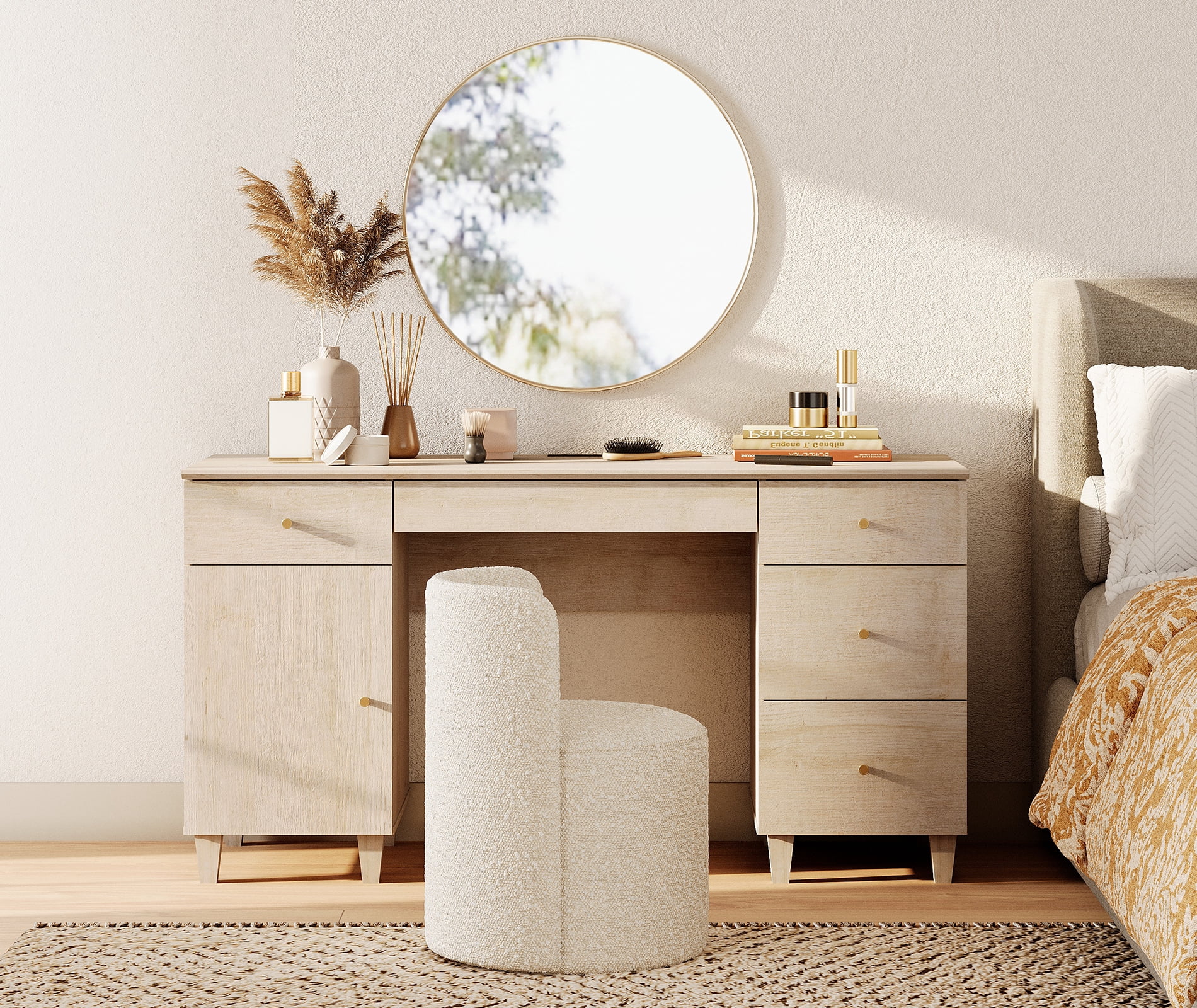 58" Wooden Vanity Desk with Drawers and Cabinet, Modern Makeup Charging Table with Storage for Bedroom, Light Oak