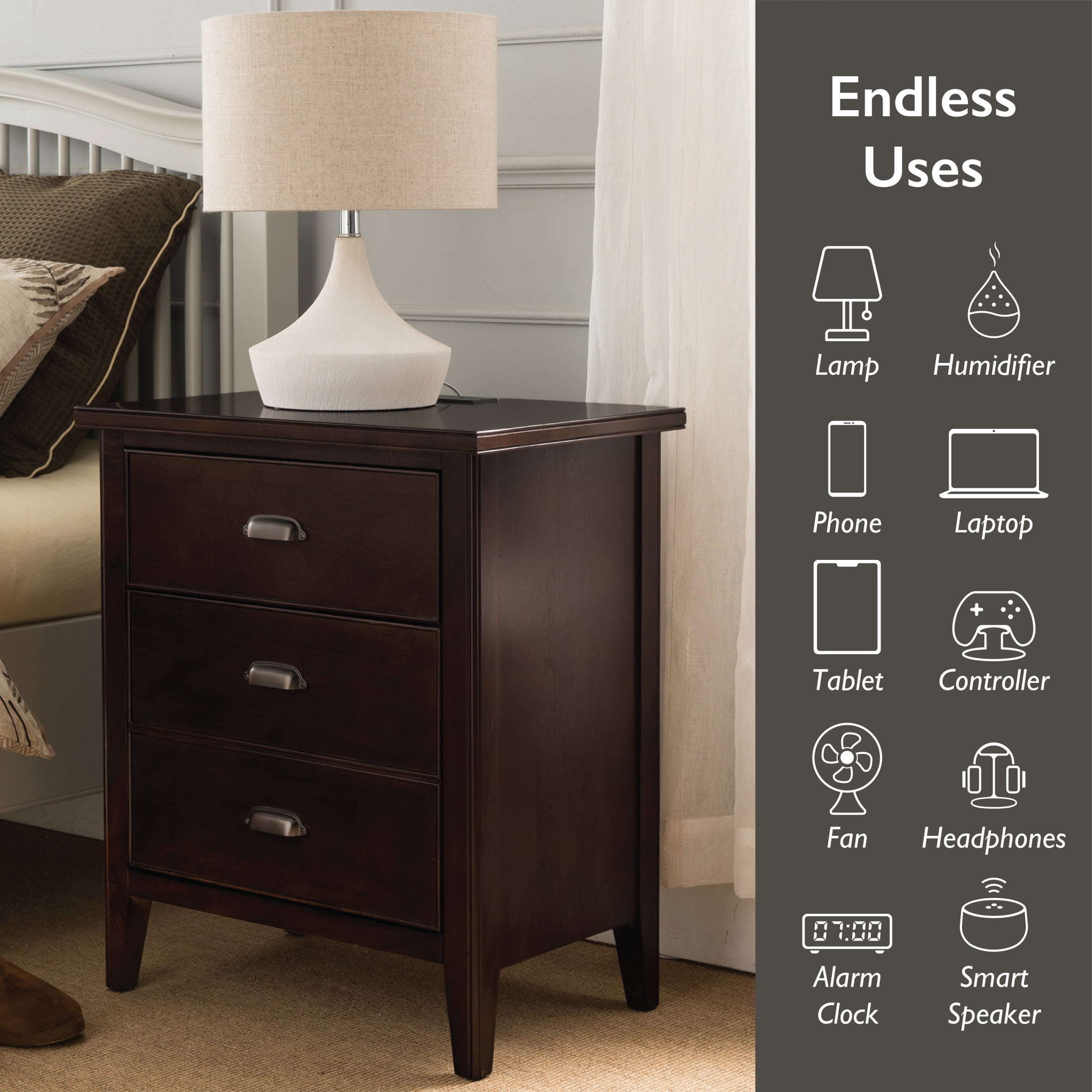 Leick Home Traditional 3-Drawer Solid Wood Laurent Nightstand with USB-C Charging Station, Chocolate Cherry