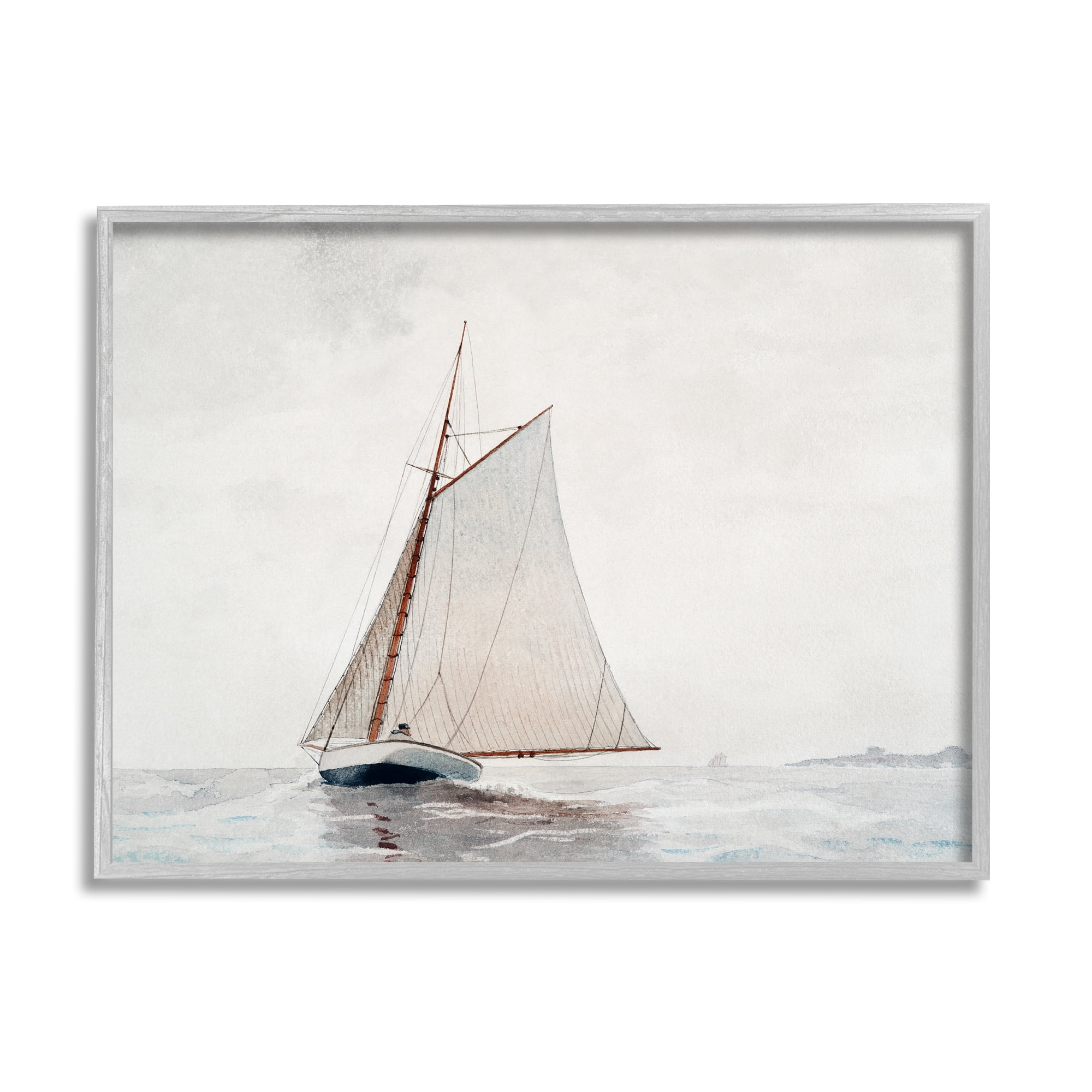 Stupell Industries Sailboat Foggy Weather Clouds Ocean Waves Crashing Painting Gray Framed Art Print Wall Art, Design by Lettered and Lined