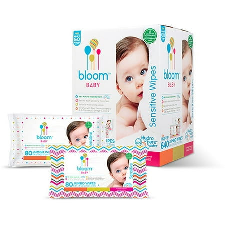 bloom Baby Wipes, Sensitive, Unscented, 8 packs of 80 (640