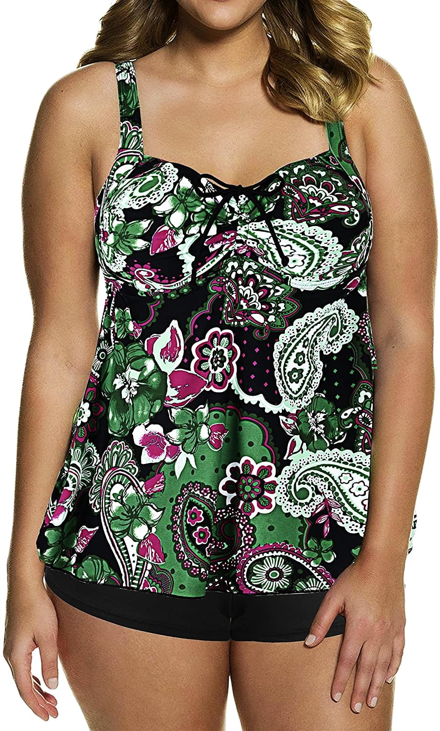 Septangle Womens Swimwear Green Pink Paisley Tankini Shorts Set 16