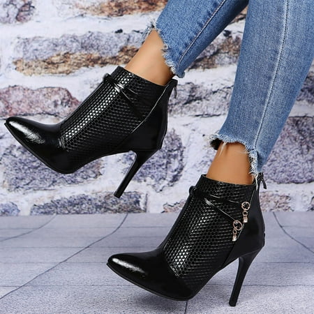 

FZM Ladies Fashion Solid Color Leather Back Zipper Pointed Toe Thin High Heel Booties