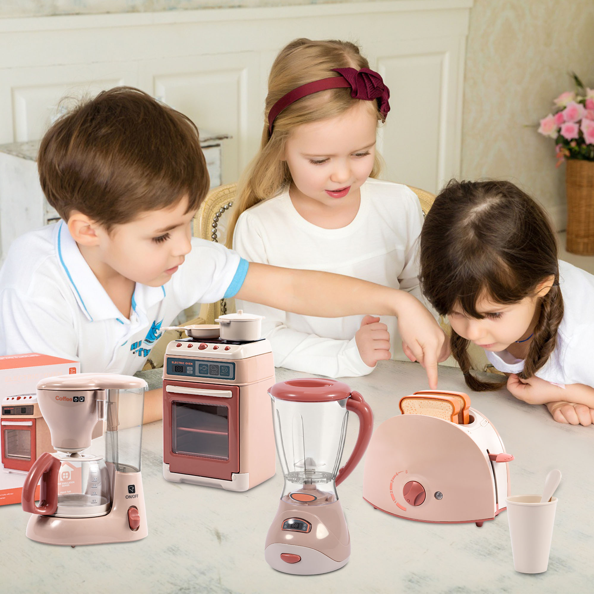 Wisairt Play Kitchen Set, 4Pcs Toy Kitchen Appliance w/Oven Toaster Coffee Maker Juicer, Khaki - image 3 of 11
