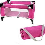 fash n kolor Baby Doll Pack N Play Crib Hot Pink Denim Design Fits up to 18" Dolls| Pretend Play Baby Doll Accessories Set Includes Blanket and Carry Bag| Perfect