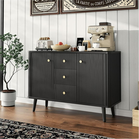 Historyli 47 in Modern Sideboard Buffet Cabinet with Drawers,Fluted Accent Storage Cabinet with 2 Doors and 3 Drawers,Credenza for Entryway,Kitchen,Black