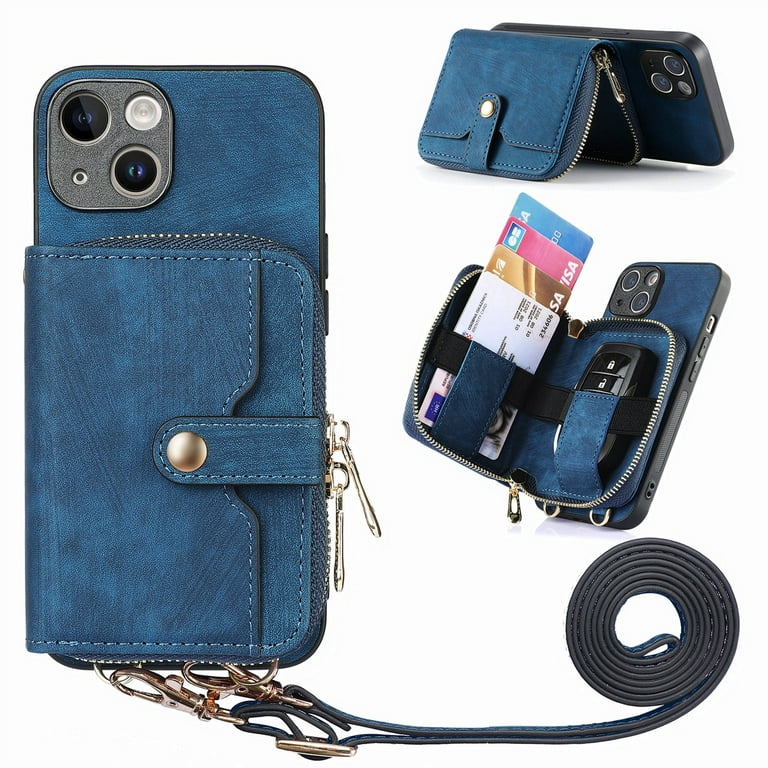 iPhone 13 mini Zipper Purse Wallet Back Cover Shockproof Crossbody Removable Shoulder Strap PU Leather Case with Card Holder Kickstand Protective