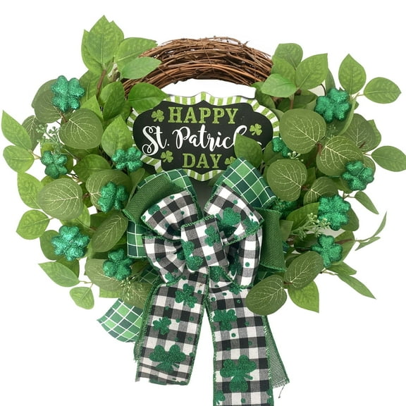 Saint Patrick's Day Wreath for Front Door 18"Wreath Farmhouse Door Wreath for Front Door Porch Decor with Green Leaves, Berry & Buffalo Bow