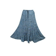 Mogul Women's Full Flared Maxi Skirt Blue Printed Hippie Boho Beach Fashion Skirts