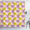 thumbnail image 1 of Hibiscus Shower Curtain, Bicolor Petals of Wild Tropical Flowers Pattern Blooming Details, Fabric Bathroom Set with Hooks, 69W X 70L Inches, Pale Purple Mustard White, by Ambesonne, 1 of 3