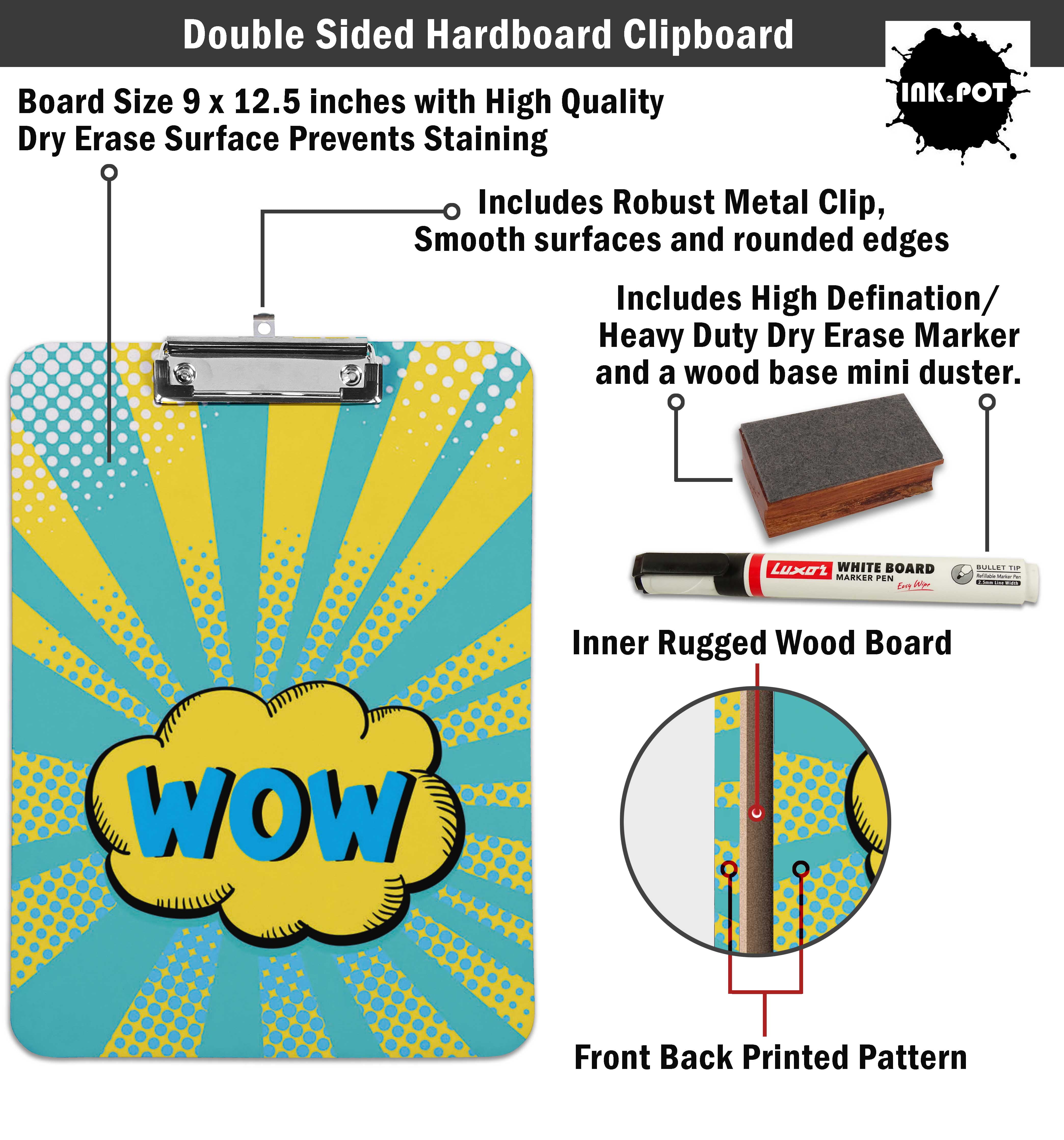 Inkdotpot Dry Erase Double Sided Dry Erase Double Sided Clipboard Letter Size Printed Paperboard Clipboard w/Low Profile Clip 9X15 With Free Marker & Duster